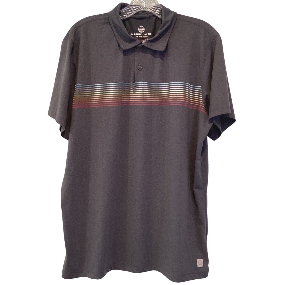 Marine Layer The Air Polo Shirt Charcoal Grey Retro Chest Stripe - Large